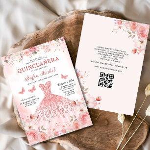 Invitation Quinceañera QR Code Rose rose pâle Floral