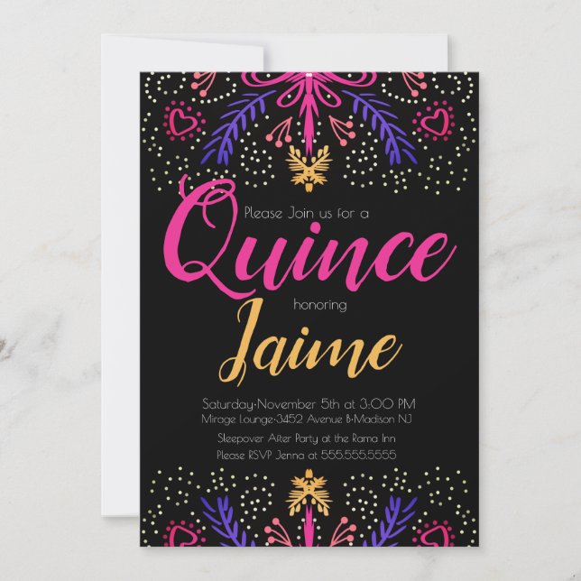 Invitation Quinceanera Quince amusant floral pointillé rose n (Devant)