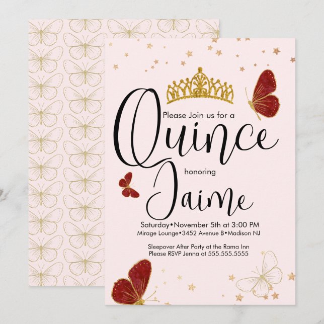 Invitation Quinceanera Quince Aquarelle Papillons rose rouge (Devant / Derrière)
