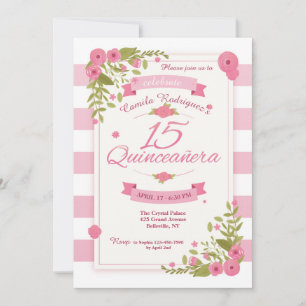 Invitation Quinceañera Rayures Rose et Blanc