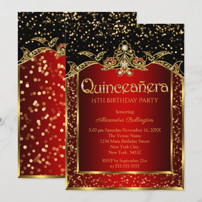 Invitation Quinceanera Red Gold Black fête d'anniversaire (Devant / Derrière)