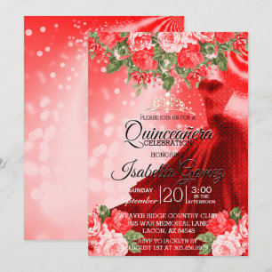 Invitation Quinceañera Red Gown et Fleurs