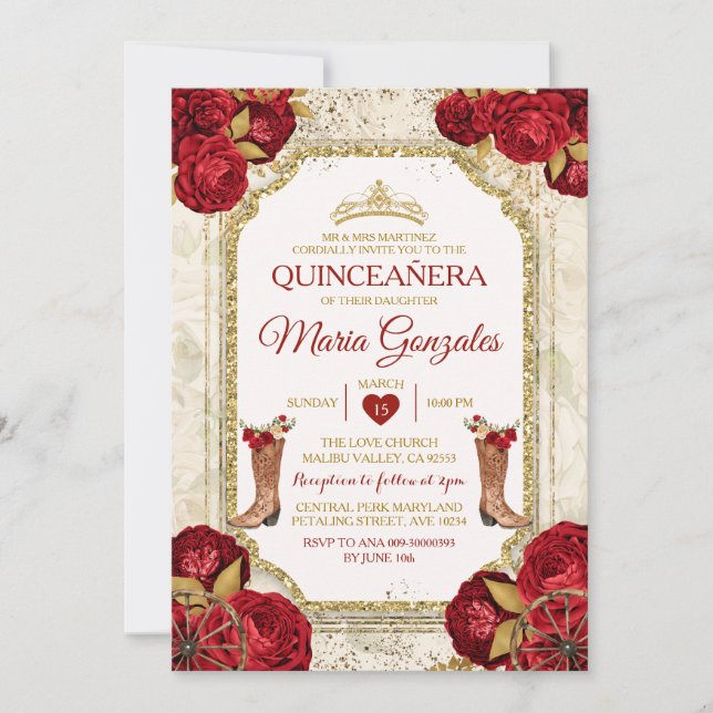 Invitation Quinceañera Red Roses & Gold Crown Mexicaine (Devant)