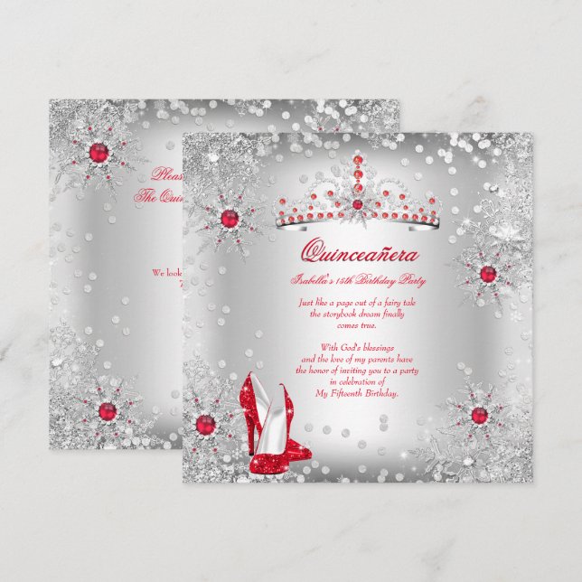Invitation Quinceanera Red Silver Winter Wonderland (Devant / Derrière)