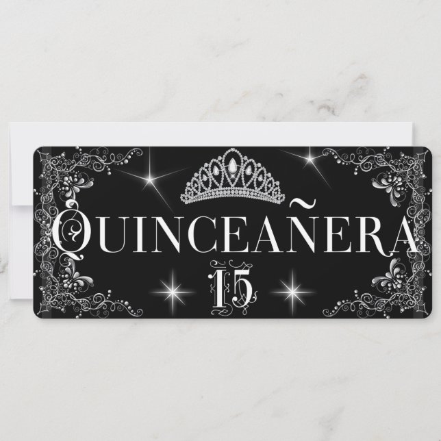 Invitation Quinceanera Regal Black Silver Tiara (Devant)