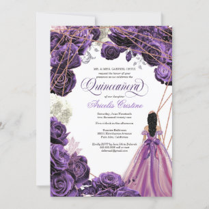 Invitation Quinceañera Regal Royal Purple & Rose Gold & Gown 