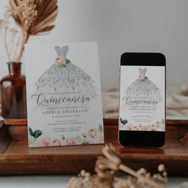 Invitation Quinceañera Robe Florale élégante 15e anniversaire (Créateur téléchargé)