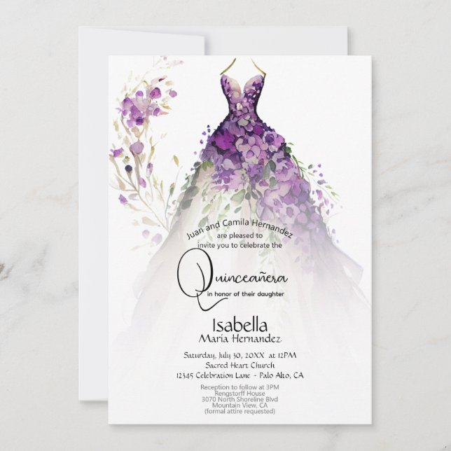 Invitation Quinceañera | Robe Florale violette (Devant)