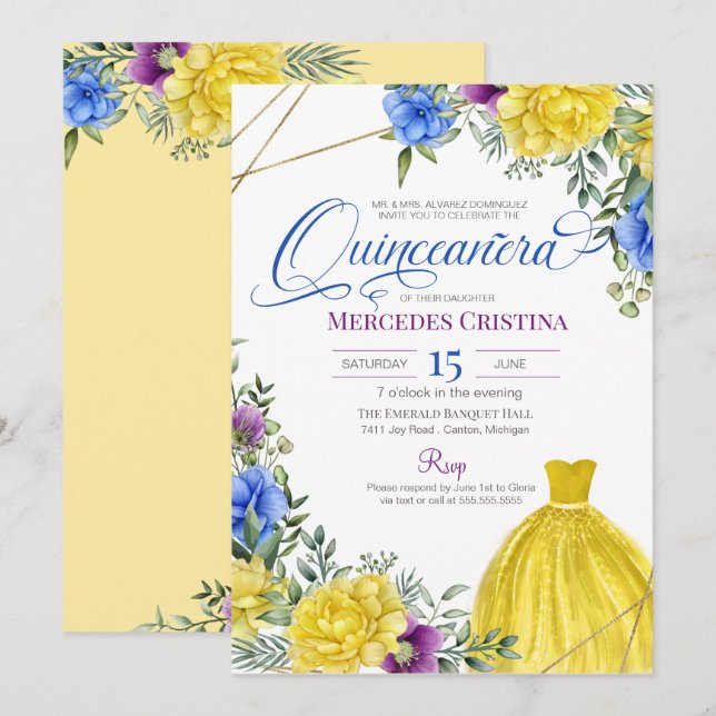 Invitation Quinceañera Robe jaune fleurs vives (Devant / Derrière)