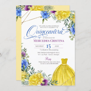 Invitation Quinceañera Robe jaune fleurs vives