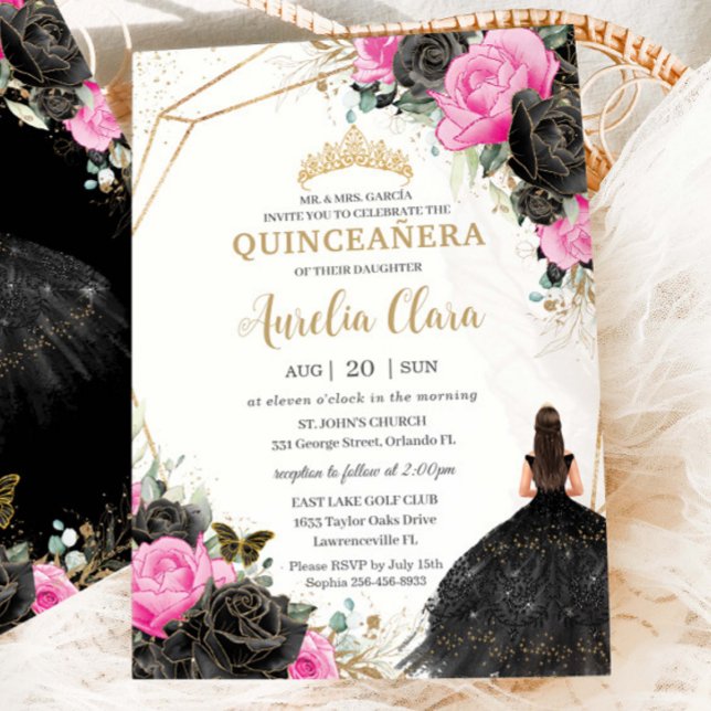 Invitation Quinceañera Robe noire Fuchsia Floral Princesse (Créateur téléchargé)