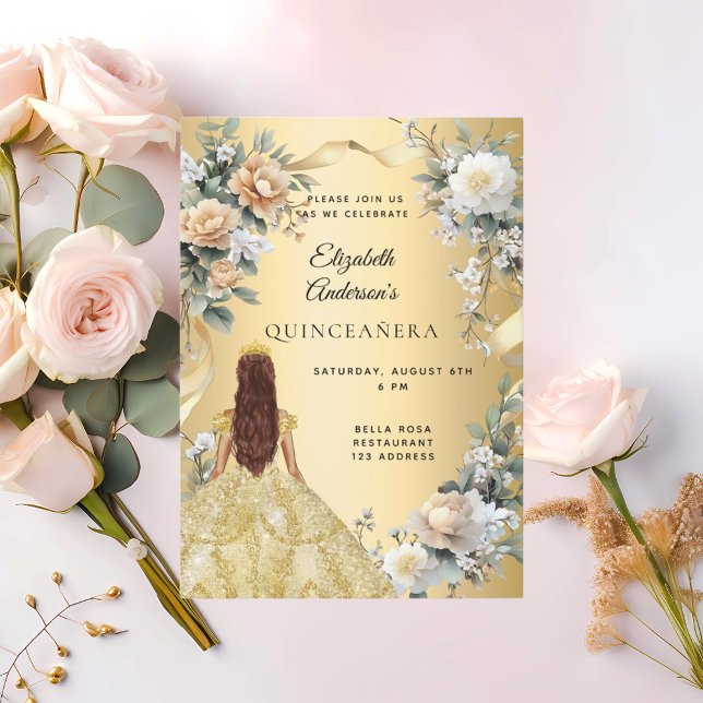 Invitation Quinceanera robe or fleurons jaunes (Créateur téléchargé)