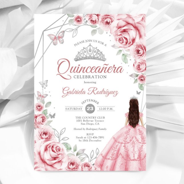 Invitation Quinceanera Robe Rose Argent Robe Florale (Créateur téléchargé)