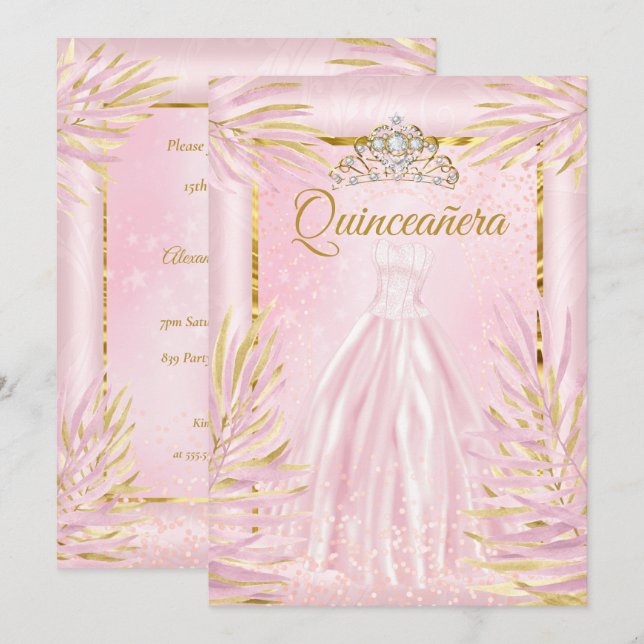 Invitation Quinceanera Robe rose Tiara Robe Anniversaire (Devant / Derrière)