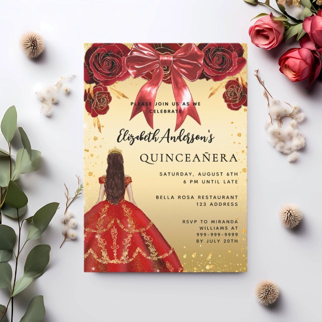 Invitation Quinceanera robe rouge or fleurons arc (Créateur téléchargé)