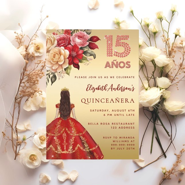 Invitation Quinceanera robe rouge or fleurons rose (Créateur téléchargé)