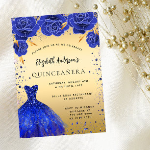 Invitation Quinceanera robe royale bleu or fleurons luxe