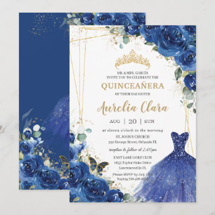 Invitation Quinceañera Robe royale bleue florale 16e annivers