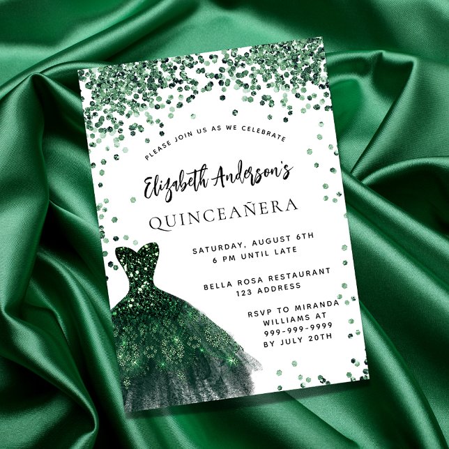 Invitation Quinceanera robe vert émeraude blanc luxe (Créateur téléchargé)