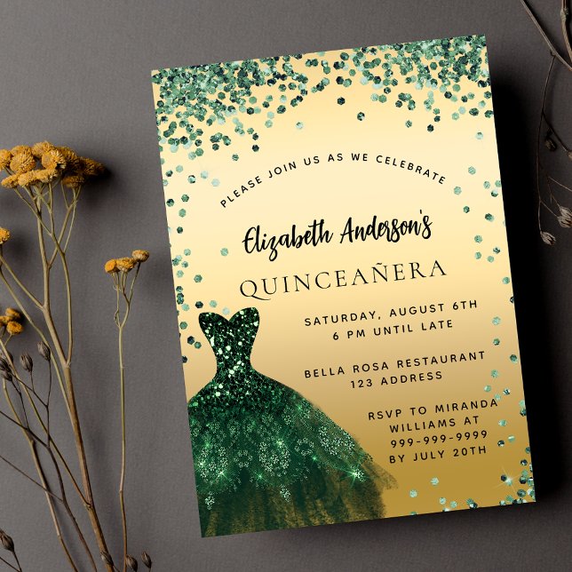 Invitation Quinceanera robe verte émeraude soirée de luxe (Créateur téléchargé)