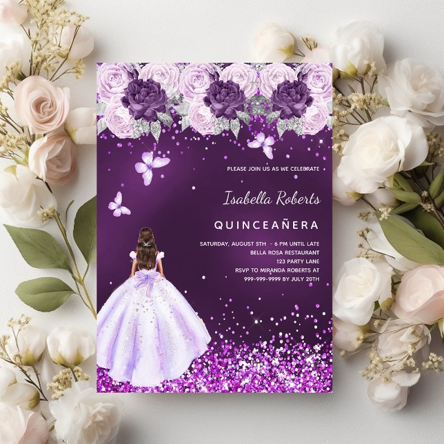 Invitation Quinceanera robe violet flor rose (Créateur téléchargé)