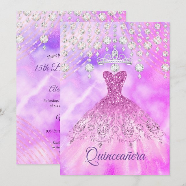 Invitation Quinceanera Robe violette rose 15e fête d'annivers (Devant / Derrière)