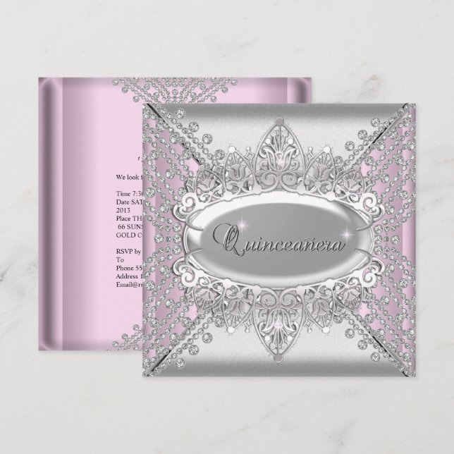 Invitation Quinceanera rose 15 Anniversaire de la fête Diaman (Devant / Derrière)