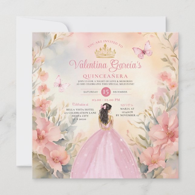 Invitation Quinceañera rose 15 Anos Fleurs Parties scintillan (Devant)