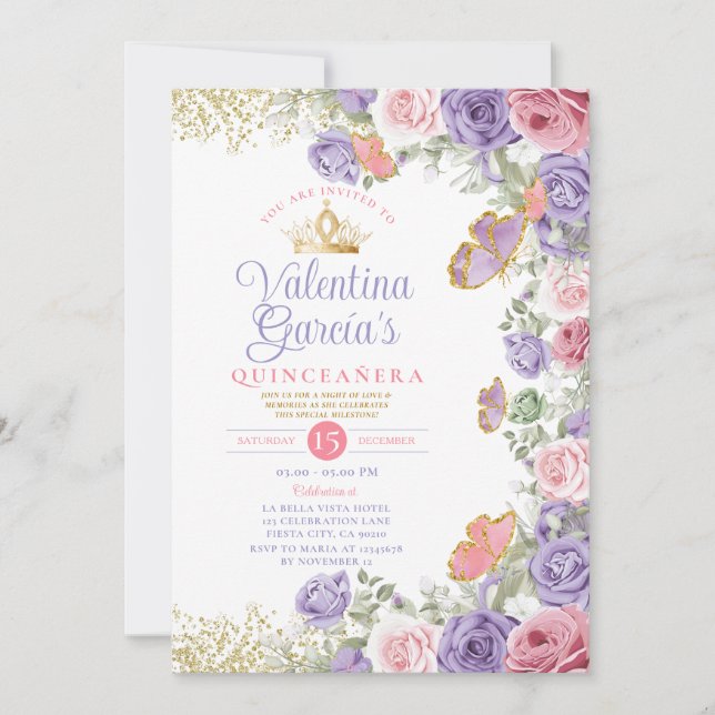 Invitation Quinceañera rose 15 Anos Fleurs violettes Couronne (Devant)