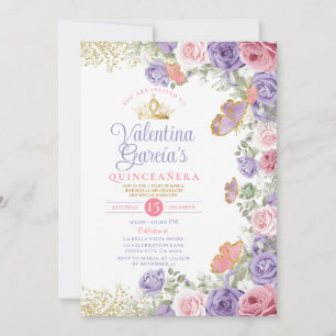 Invitation Quinceañera rose 15 Anos Fleurs violettes Couronne