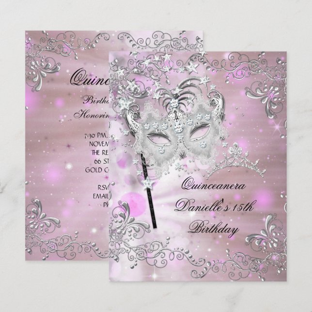 Invitation Quinceanera rose 15e anniversaire Tiara Masquerade (Devant / Derrière)