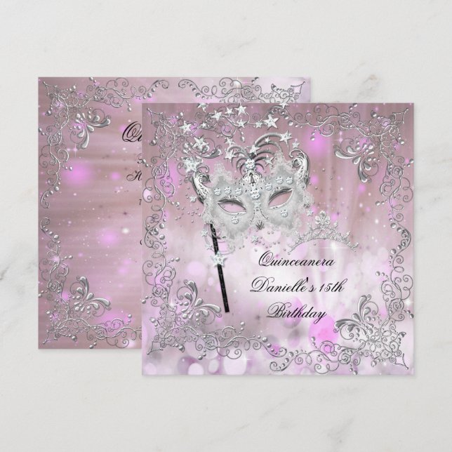 Invitation Quinceanera rose 15e anniversaire Tiara Masquerade (Devant / Derrière)
