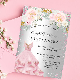 Invitation Quinceanera rose argent brillant robe luxe