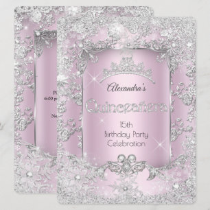 Invitation Quinceanera Rose Argent Diadème Hiver Merveilleux