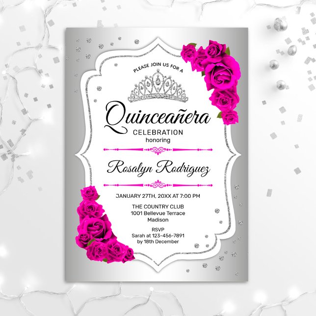 Invitation Quinceanera - Rose blanc argenté (Créateur téléchargé)