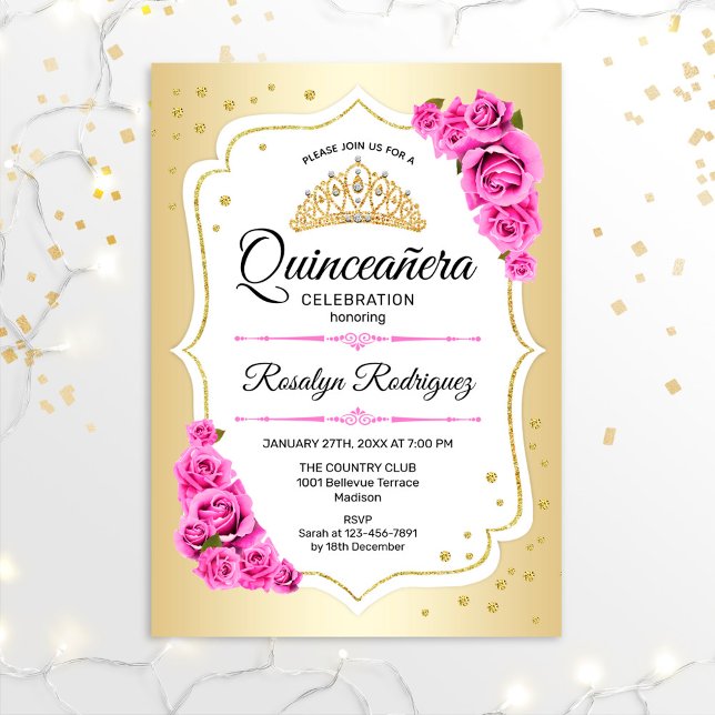 Invitation Quinceanera - Rose blanc or (Créateur téléchargé)