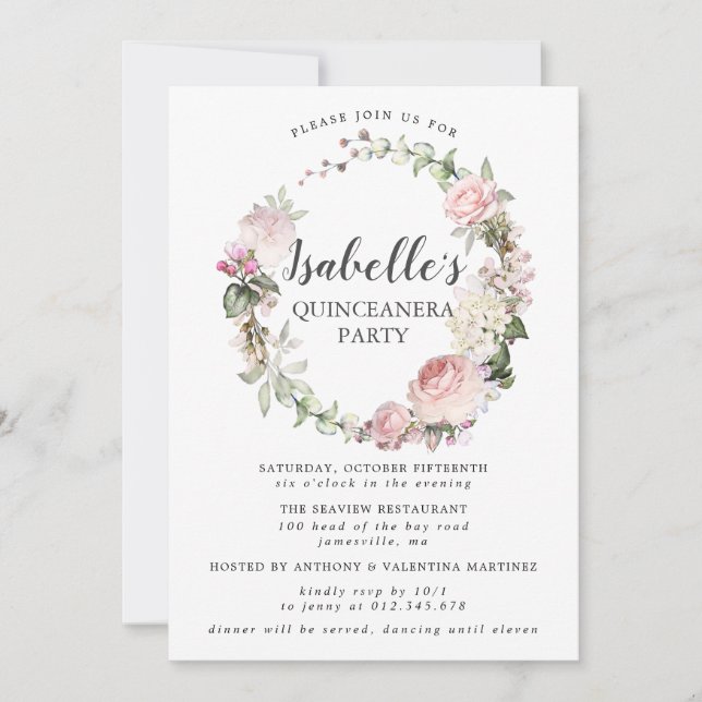 Invitation Quinceanera rose blanche fleurie (Devant)
