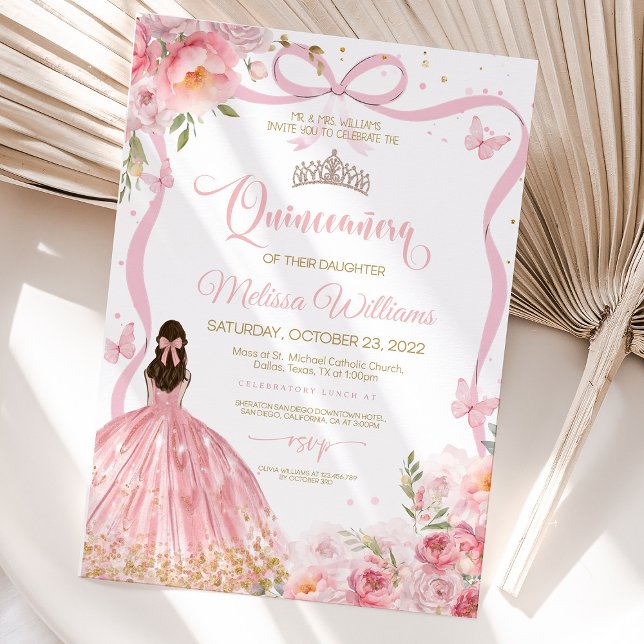 Invitation Quinceanera Rose Bleu Rose Papillon Golden (Pink blush rose and butterfly Quinceañera invitation with golden foil details.)