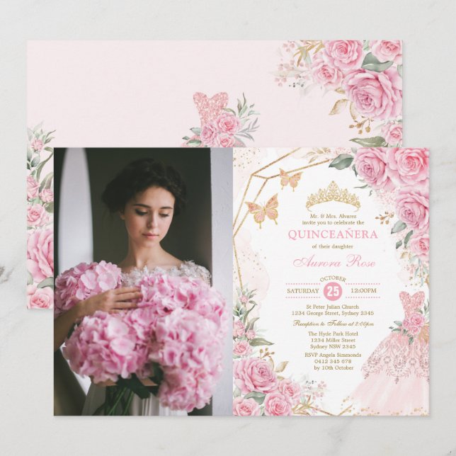 Invitation Quinceañera Rose Blush Rose Princesse Mis Quince (Devant / Derrière)