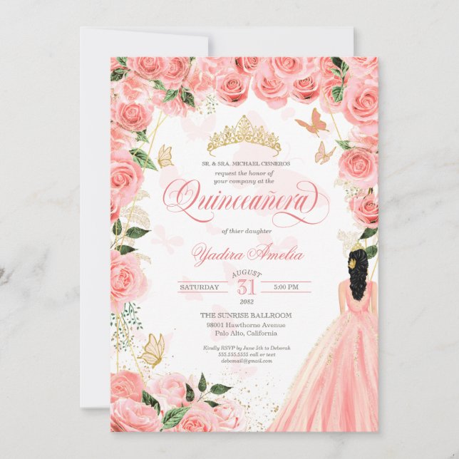 Invitation Quinceanera Rose Blush Roses Élégant Papillon Inv (Devant)