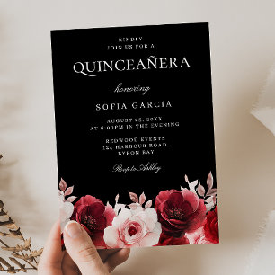 Invitation Quinceanera Rose chanté noir rouge bordeaux