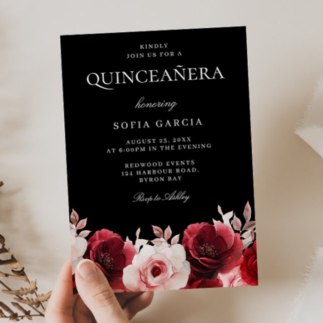 Invitation Quinceanera Rose chanté noir rouge bordeaux (Créateur téléchargé)