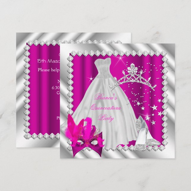 Invitation Quinceanera rose chaud 15e fête mascarade (Devant / Derrière)