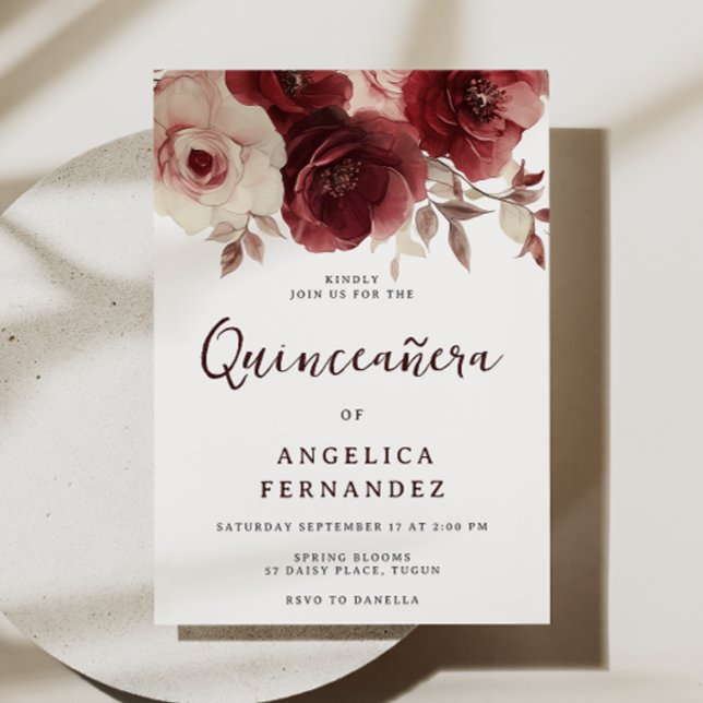 Invitation Quinceanera, Rose de Bourgogne vintage 15e anniver (Créateur téléchargé)