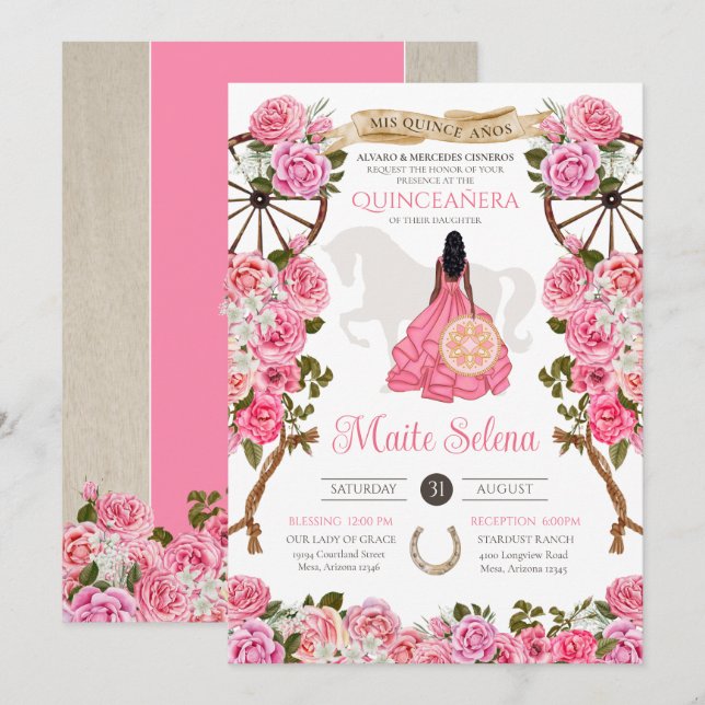 Invitation Quinceanera rose Élégant Rose Western Charra (Devant / Derrière)
