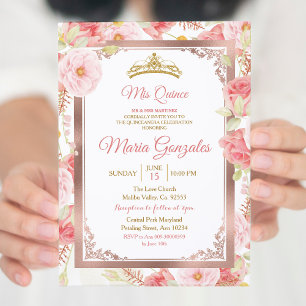 Invitation Quinceanera rose en or et rose