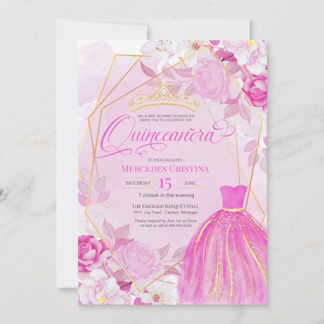 Invitation Quinceañera Rose et or élégant chic Tiara (Devant)