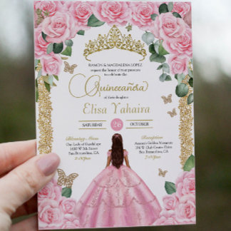 Invitation Quinceanera rose et papillon doré