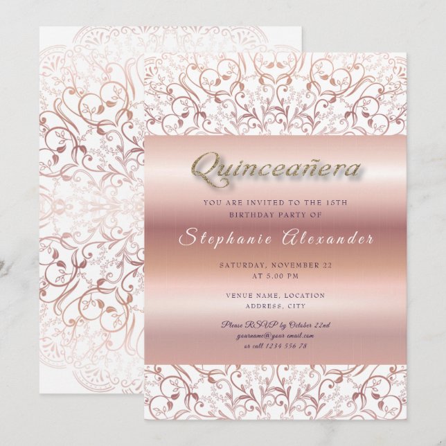 Invitation Quinceanera rose feuille d'or dentelle or parties  (Devant / Derrière)