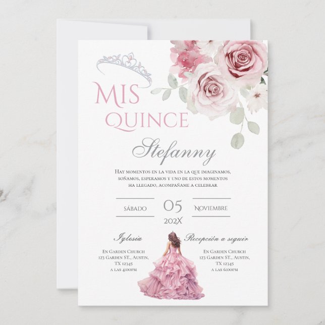 Invitation Quinceañera rose Floral (Devant)